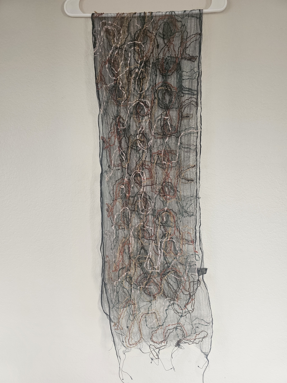 Fleurs Sheer Black Silk Scarf with Multicolor Thread Embellishment